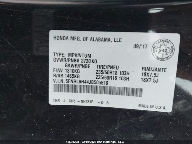 5FNRL6H44JB505518 Honda ODYSSEY EX