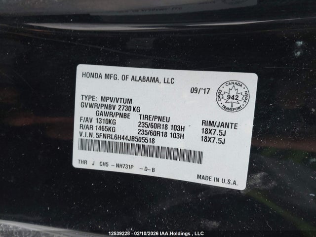 5FNRL6H44JB505518 Honda ODYSSEY EX
