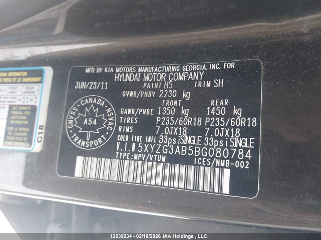 Auction sale of the 2011 Hyundai Santa Fe Gls, vin: 5XYZG3AB5BG080784, lot number: 12539234