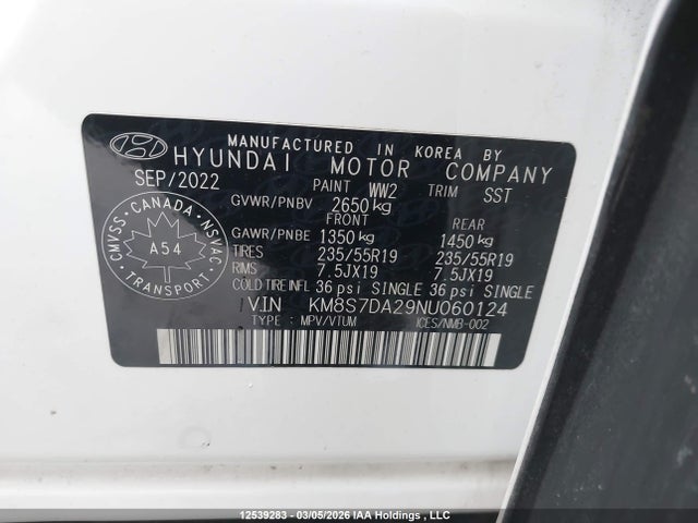 2022 Hyundai Santa Fe Luxury Plug-in Hybrid Awd მანქანა იყიდება აუქციონზე, vin: KM8S7DA29NU060124, აუქციონის ნომერი: 12539283