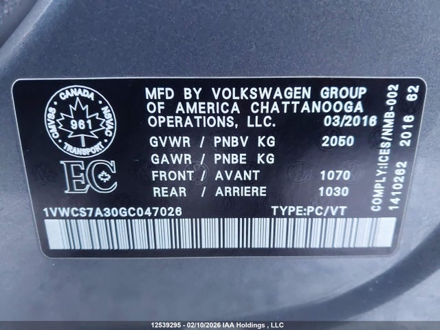 1VWCS7A30GC047026 Volkswagen Passat Sel/sel Premium