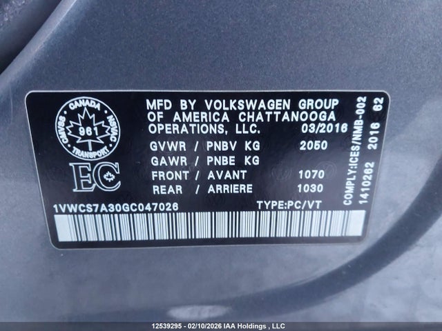 1VWCS7A30GC047026 Volkswagen Passat Sel/sel Premium