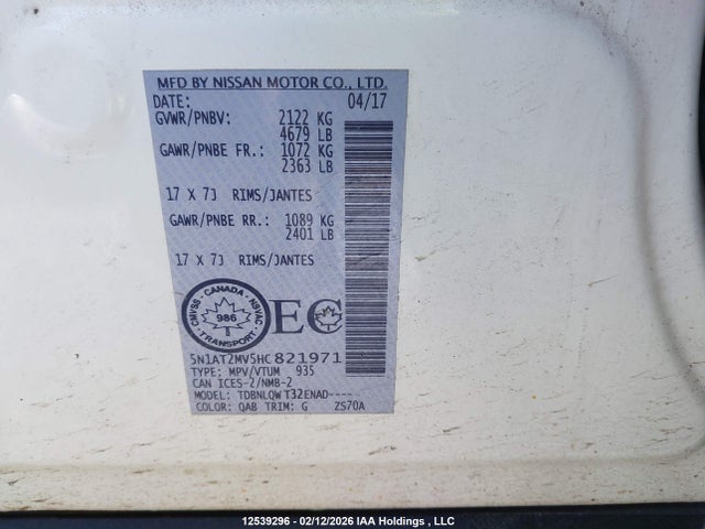 5N1AT2MV5HC821971 Nissan Rogue S/sl Platinum/sv
