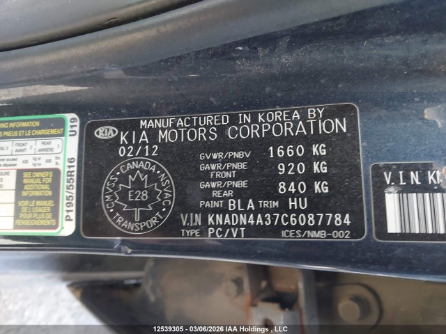 12539305 :رقم المزاد ، KNADN4A37C6087784 vin ، 2012 Kia Rio Ex/lx/sx مزاد بيع