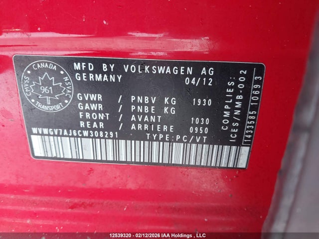 2012 Volkswagen Golf Gti მანქანა იყიდება აუქციონზე, vin: WVWGV7AJ6CW308291, აუქციონის ნომერი: 12539320