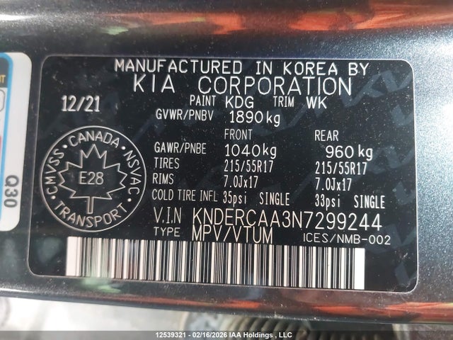 12539321 :رقم المزاد ، KNDERCAA3N7299244 vin ، 2022 Kia Seltos مزاد بيع