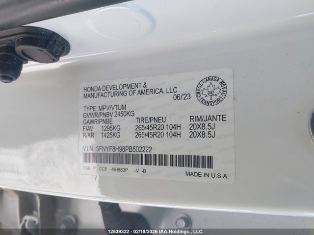 Продажа на аукционе авто 2023 Honda Passport Touring, vin: 5FNYF8H98PB502222, номер лота: 12539322