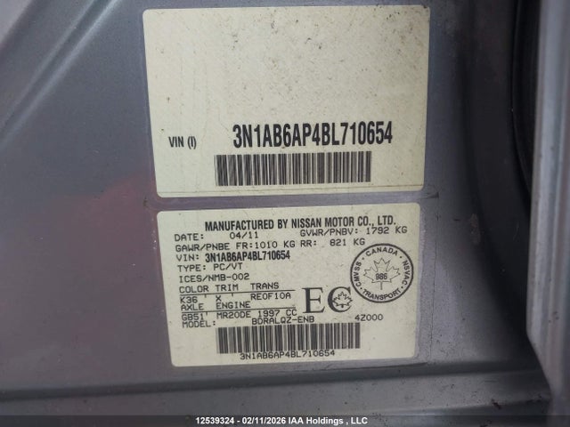 12539324 :رقم المزاد ، 3N1AB6AP4BL710654 vin ، 2011 Nissan Sentra 2.0 مزاد بيع