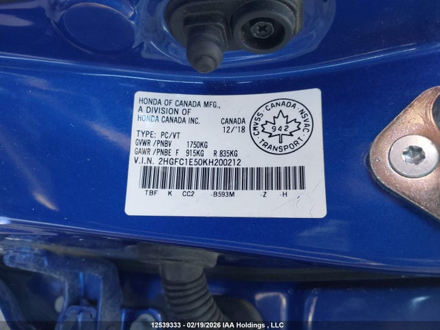 12539333 :رقم المزاد ، 2HGFC1E50KH200212 vin ، 2019 Honda Civic Si Si مزاد بيع