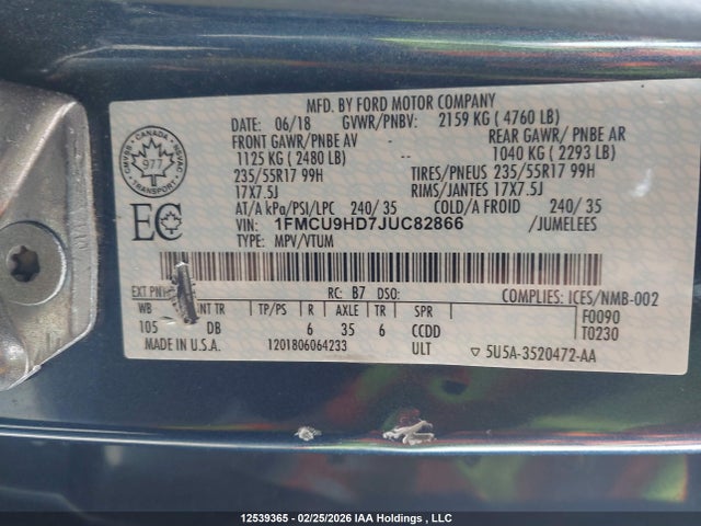 1FMCU9HD7JUC82866 Ford ESCAPE SEL