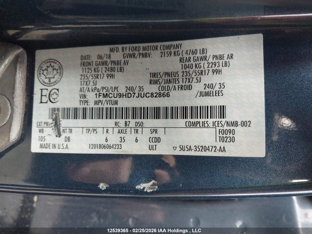 1FMCU9HD7JUC82866 Ford ESCAPE SEL