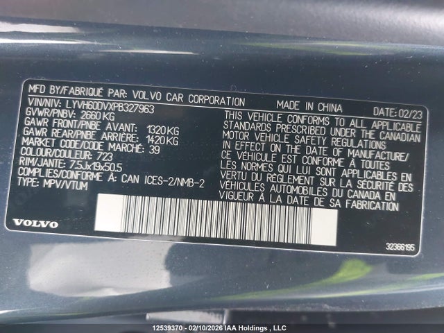 LYVH60DVXPB327963 Volvo Xc60 Core