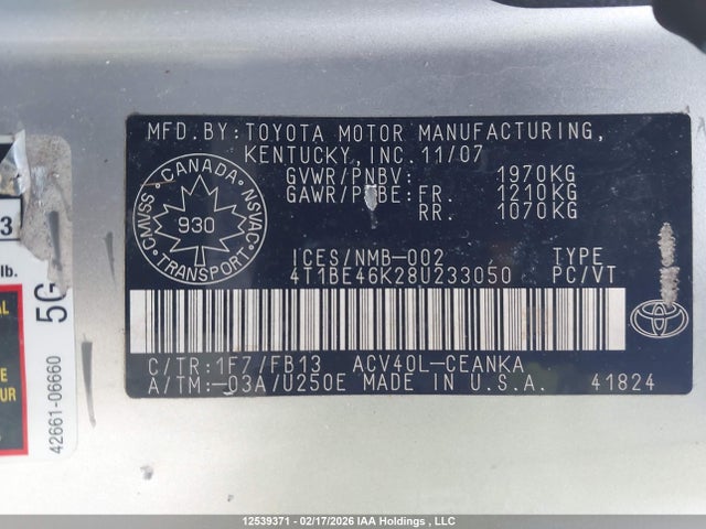 12539371 :رقم المزاد ، 4T1BE46K28U233050 vin ، 2008 Toyota Camry Le مزاد بيع