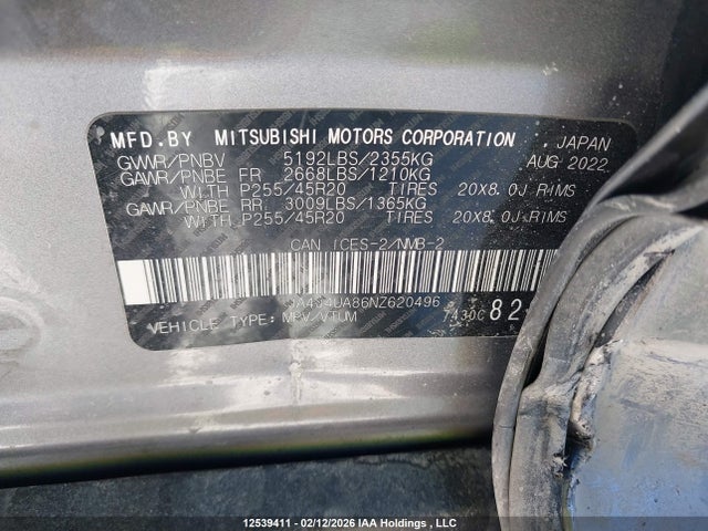 JA4J4UA86NZ620496 Mitsubishi Outlander Le/le Premium/se/sel