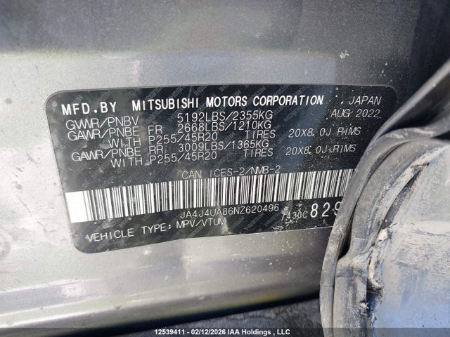 JA4J4UA86NZ620496 Mitsubishi Outlander Le/le Premium/se/sel