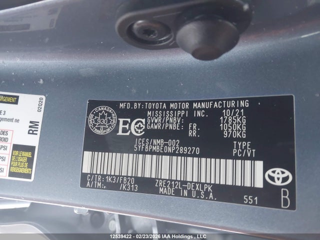 12539422 :رقم المزاد ، 5YFBPMBE0NP289270 vin ، 2022 Toyota Corolla Le مزاد بيع