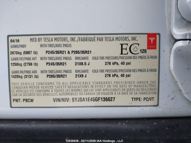 5YJSA1E45GF136627 Tesla Model S 90d/p100d/p85d/p90d