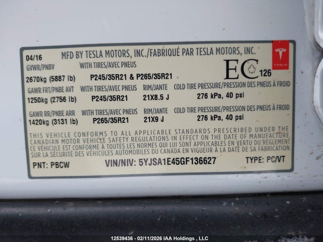 5YJSA1E45GF136627 Tesla Model S 90d/p100d/p85d/p90d