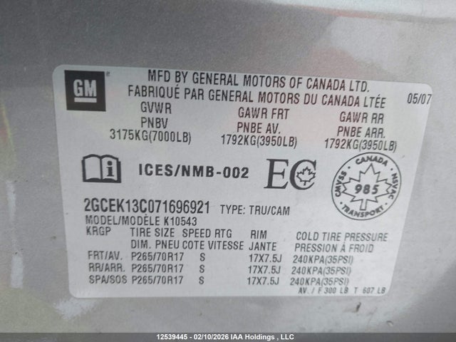2007 Chevrolet Silverado K1500 Crew Cab მანქანა იყიდება აუქციონზე, vin: 2GCEK13C071696921, აუქციონის ნომერი: 12539445