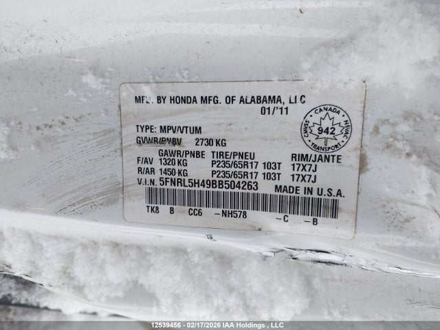 Aukcja sprzedaży 2011 Honda Odyssey, vin: 5FNRL5H49BB504263, numer aukcji: 12539456