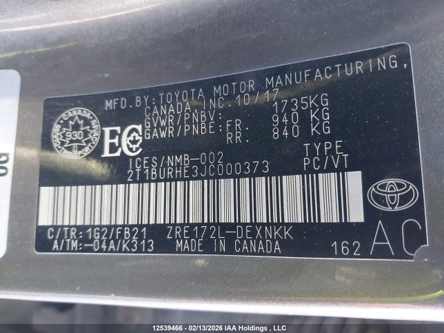 2T1BURHE3JC000373 Toyota Corolla L/le/xle/se/xse