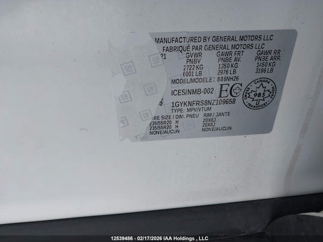 1GYKNFRS8NZ109658 Cadillac Xt5 Premium Luxury