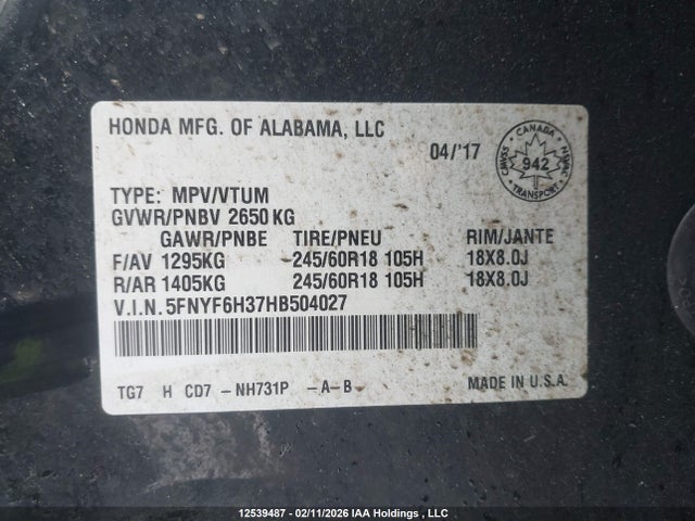 5FNYF6H37HB504027 Honda Pilot Ex