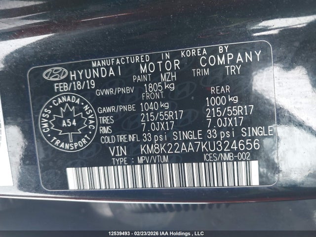 12539493 :رقم المزاد ، KM8K22AA7KU324656 vin ، 2019 Hyundai Kona 2.0l Preferred مزاد بيع