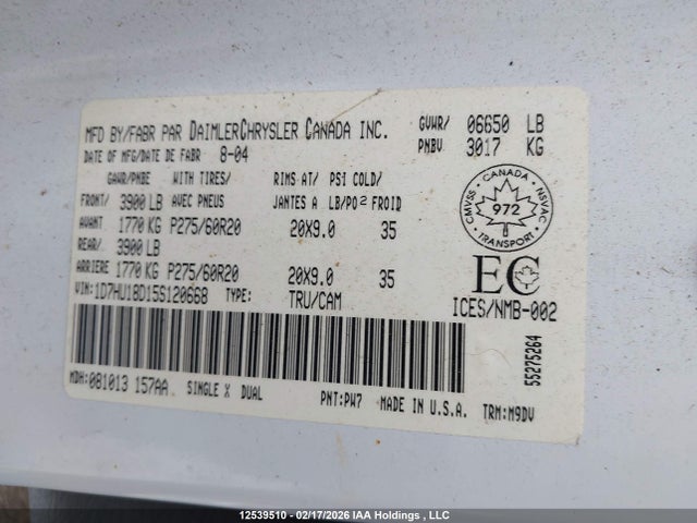 12539510 :رقم المزاد ، 1D7HU18D15S120668 vin ، 2005 Dodge Ram 1500 مزاد بيع