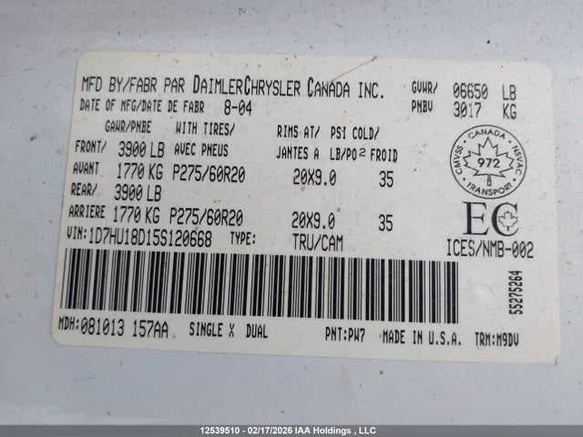 12539510 :رقم المزاد ، 1D7HU18D15S120668 vin ، 2005 Dodge Ram 1500 مزاد بيع