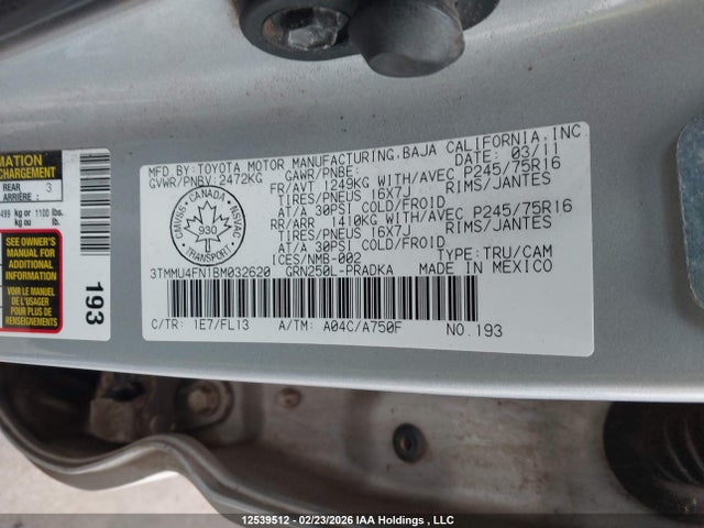 2011 Toyota Tacoma V6 მანქანა იყიდება აუქციონზე, vin: 3TMMU4FN1BM032620, აუქციონის ნომერი: 12539512