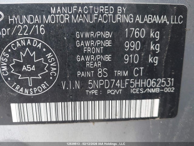 5NPD74LF5HH062531 Hyundai Elantra L