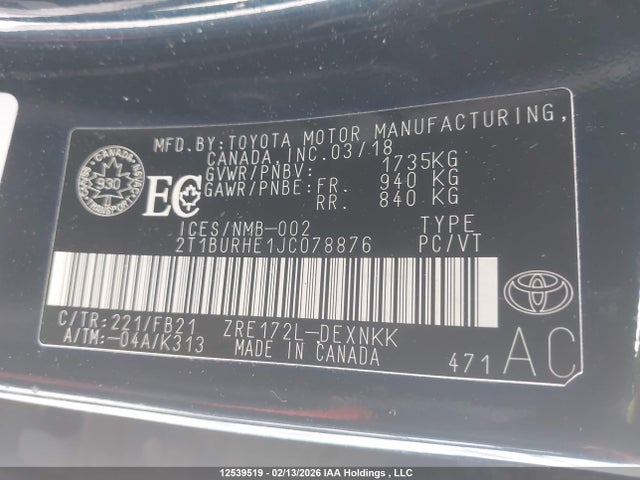 2T1BURHE1JC078876 Toyota COROLLA LE