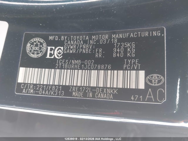 2T1BURHE1JC078876 Toyota COROLLA LE