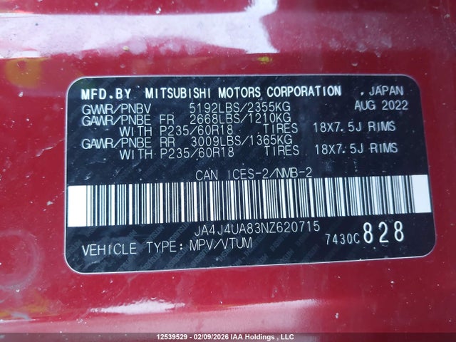 JA4J4UA83NZ620715 Mitsubishi Outlander Se/black Edition
