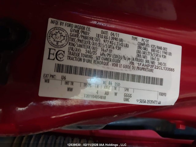 12539530 :رقم المزاد ، 1FAHP3F22CL133585 vin ، 2012 Ford Focus Se مزاد بيع