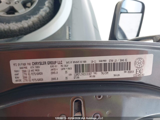 12539570 :رقم المزاد ، 1C6RD7JT0CS131927 vin ، 2012 Ram 1500 Laramie مزاد بيع
