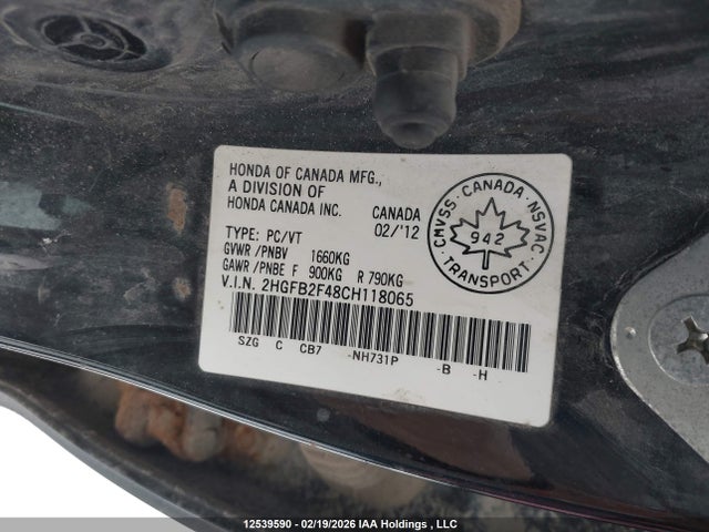 12539590 :رقم المزاد ، 2HGFB2F48CH118065 vin ، 2012 Honda Civic Lx مزاد بيع