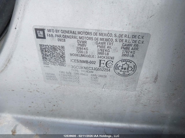 3GCUKNEC3JG552214 Chevrolet Silverado 1500 Wt