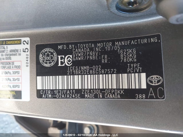 12539610 :رقم المزاد ، 2T1BR32E86C587572 vin ، 2006 Toyota Corolla Ce/le/sport مزاد بيع