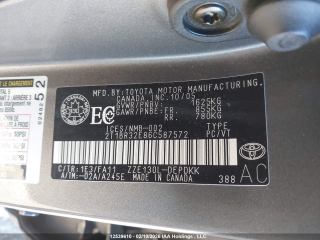 12539610 :رقم المزاد ، 2T1BR32E86C587572 vin ، 2006 Toyota Corolla Ce/le/sport مزاد بيع