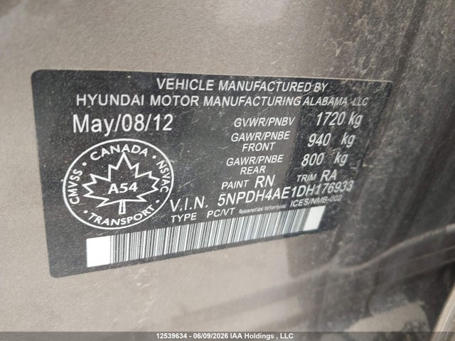 12539634 :رقم المزاد ، 5NPDH4AE1DH176933 vin ، 2013 Hyundai Elantra مزاد بيع