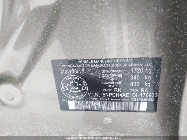 12539634 :رقم المزاد ، 5NPDH4AE1DH176933 vin ، 2013 Hyundai Elantra مزاد بيع