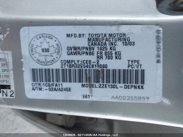 12539636 :رقم المزاد ، 2T1BR32E54C812060 vin ، 2004 Toyota Corolla مزاد بيع