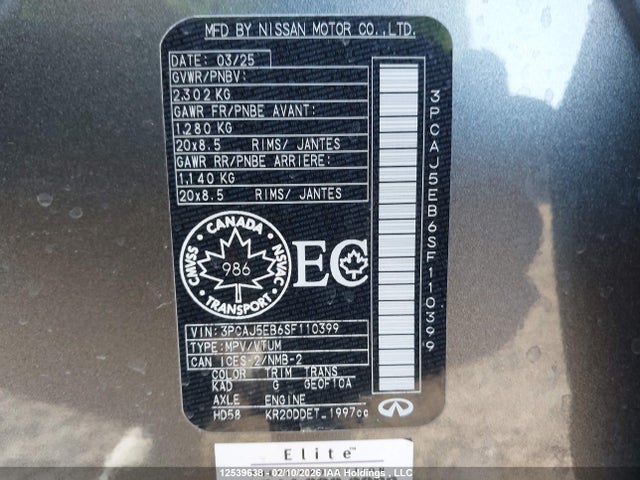12539638 :رقم المزاد ، 3PCAJ5EB6SF110399 vin ، 2025 Infiniti Qx50 Sensory مزاد بيع