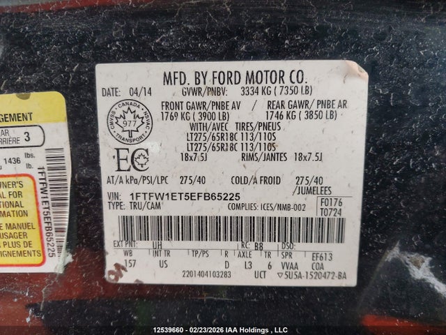2014 Ford F-150 Xlt მანქანა იყიდება აუქციონზე, vin: 1FTFW1ET5EFB65225, აუქციონის ნომერი: 12539660