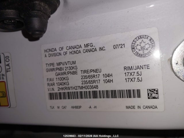 2HKRW1H27MH003648 Honda CR-V