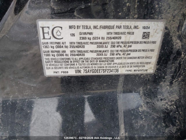 Продажа на аукционе авто 2025 Tesla Model Y Long Range, vin: 7SAYGDEE7SF234136, номер лота: 12539673