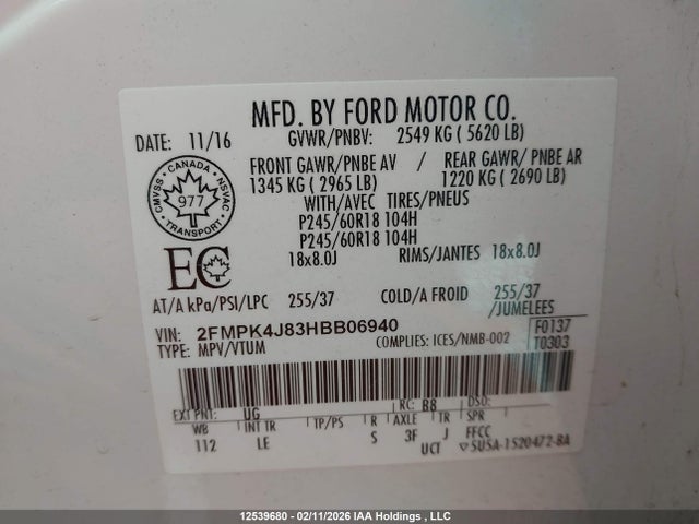 Aukcja sprzedaży 2017 Ford Edge Sel, vin: 2FMPK4J83HBB06940, numer aukcji: 12539680