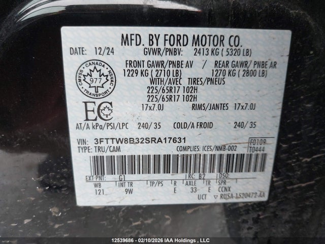 Aukcja sprzedaży 2025 Ford Maverick Xl, vin: 3FTTW8B32SRA17631, numer aukcji: 12539686